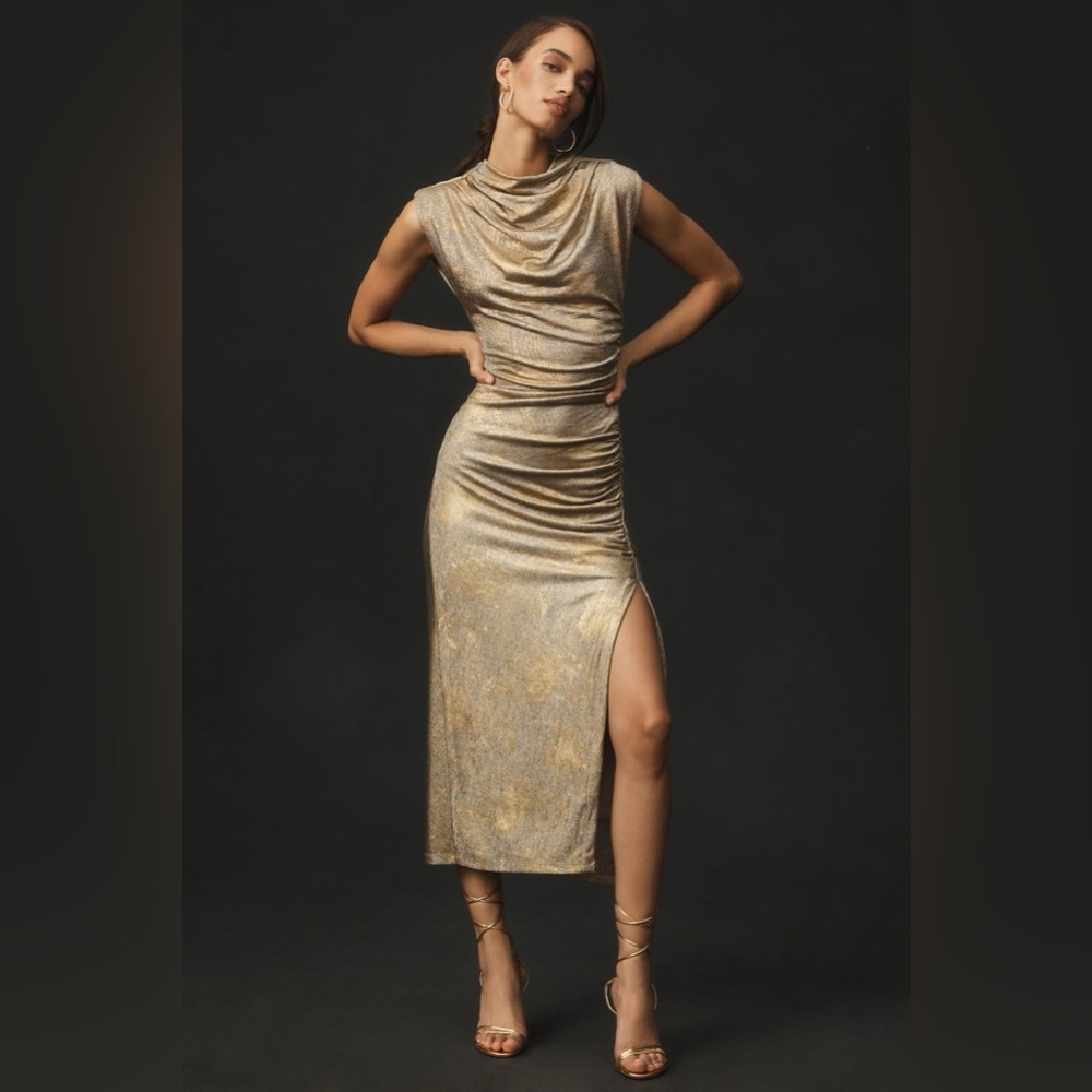 NWTAnthropologie Maya Ruched Cowl Neck Dress Gold Metallic Midi Cocktail Wedding